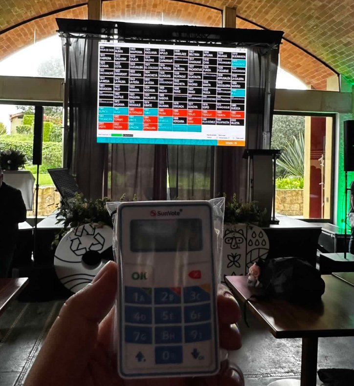 Control físico SunVote frente a pantalla con matriz de votación y resultados durante asamblea CAR 2026.